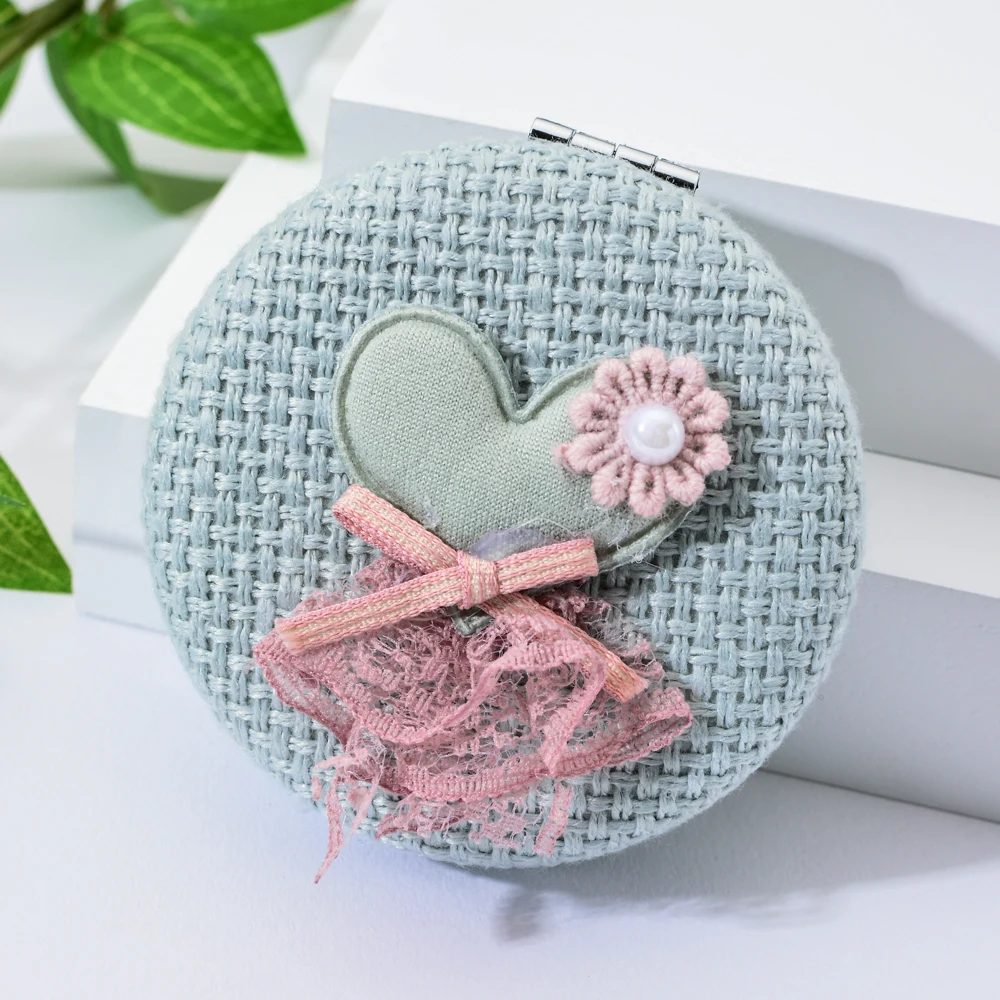 Vicney, модное круглое карманное складное зеркало для макияжа, льняная ткань, маленькое, свежее, мультяшное, милое, любимое и цветочное, компактное зеркало для макияжа