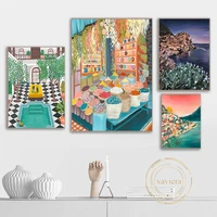 moroccan villa cartoon wall art poster nordic travel landscape modern abstract plant canvas painting home decoration living room