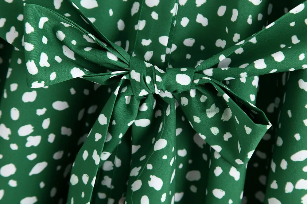 Trendy ZA Green White Dot Print Long Dress Women Boho Turn-Down Collor Belt Split Hem Design Charm Elegant Autumn Style Dress