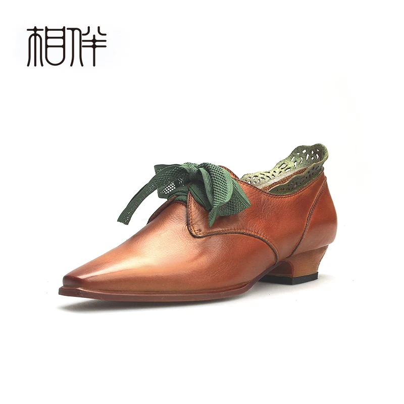 Xiangban casual women shoes square head original national style leather women's low heels lace -up handmade | Обувь