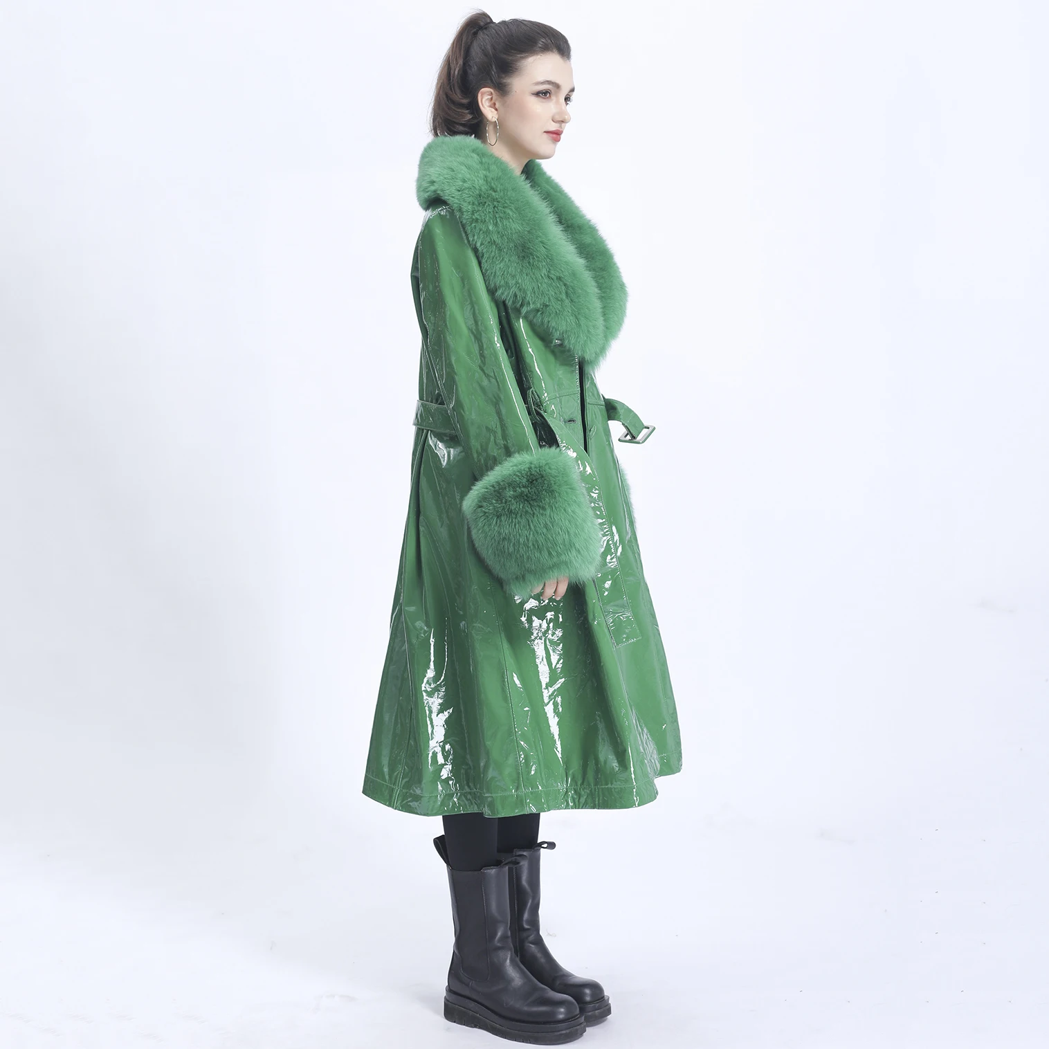 MISSJANEFUR 2021 Winter Leather Jacket Women Fashion Luxury Real Fox Fur Collar Patent leather Belted Long Trench Sheepskin Coat