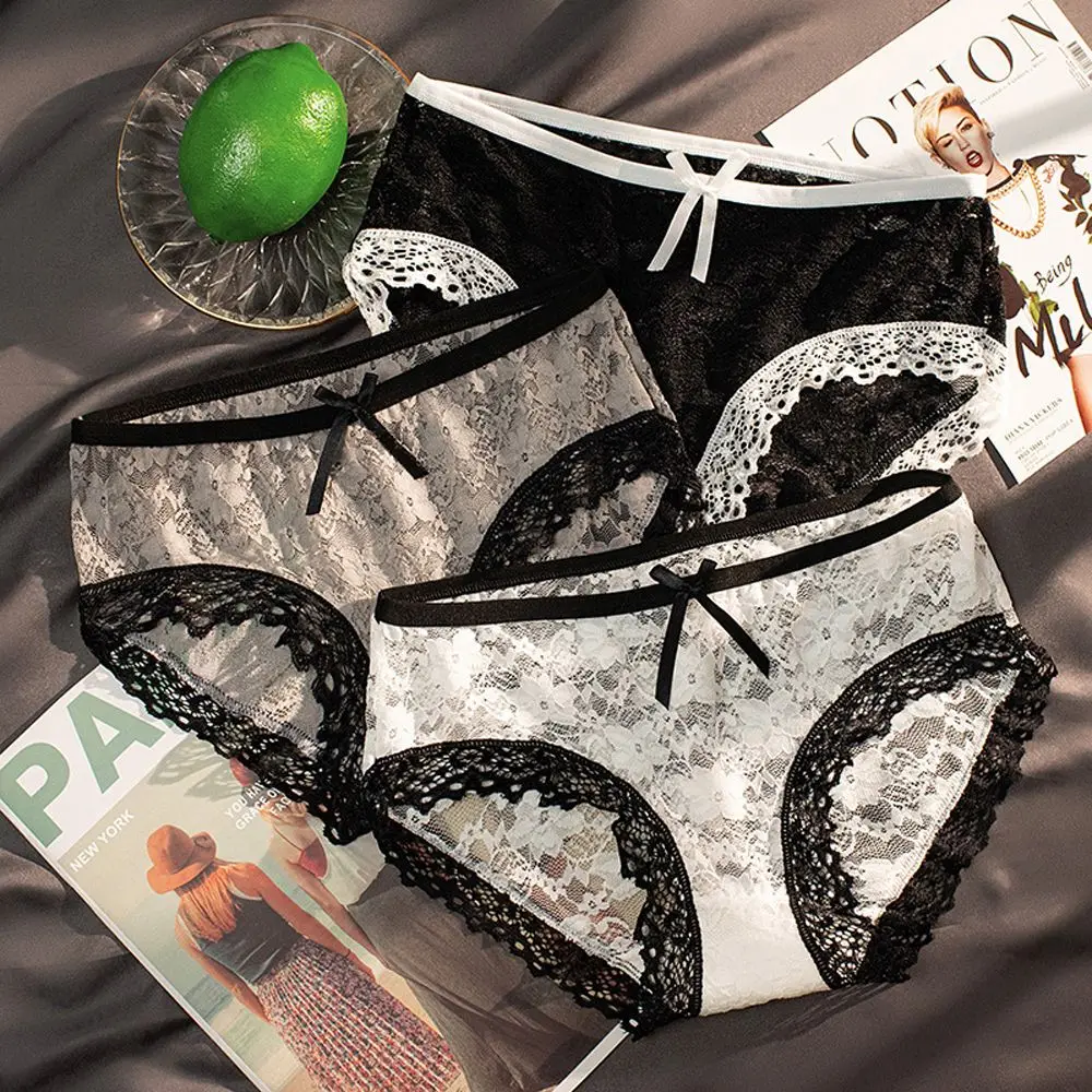 

Новые корейские кружевные трусики, нижнее белье, прозрачные женские трусики со средней талией и бантом