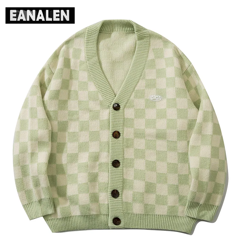 Винтажный клетчатый кардиган в стиле Харадзюку мужская одежда Корейском джемпер