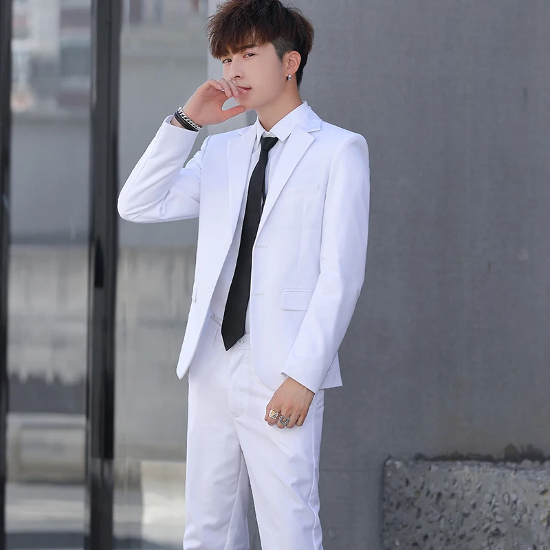 

2020 Pure Color New Men's Formal Suits White Black Wine Red Navy Blue Slim Fit Business Wedding Banquet Men Suit Jacket and Pant