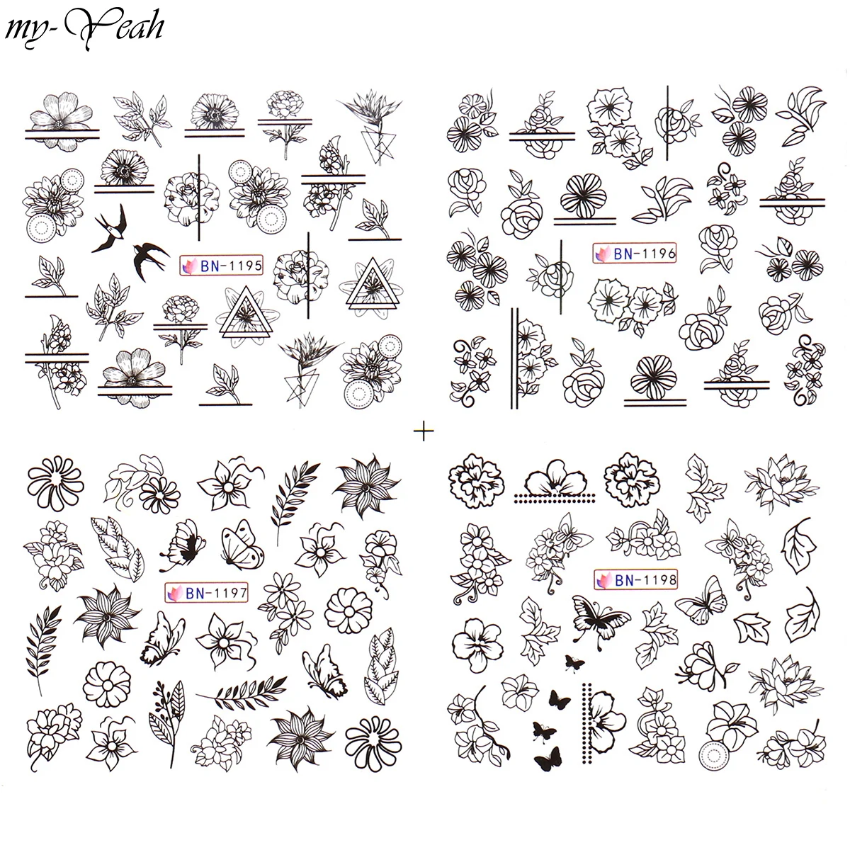 12Pcs Nail Art Flower Butterfly Series Black Water Transfer Stickers 3D DIY Watermark Decals Manicure Decoration Home | Красота и