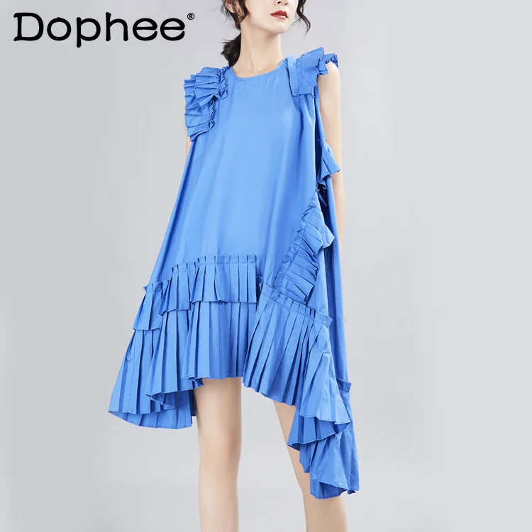 

Плиссированное Платье для женщин, летнее асимметричное платье с пышными рукавами, Пляжное Платье-трапеция средней длины с оборками и шитье...