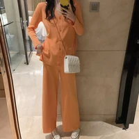 new knitted suit v neck cardigan jacket casual straight wide leg pants two piece suit for women