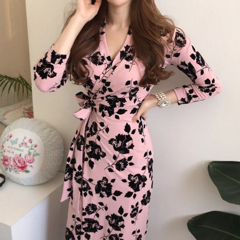 

Spring Autumn Chic Gentle And Elegant V-Neck Tie Long Print Temperament Dress Women