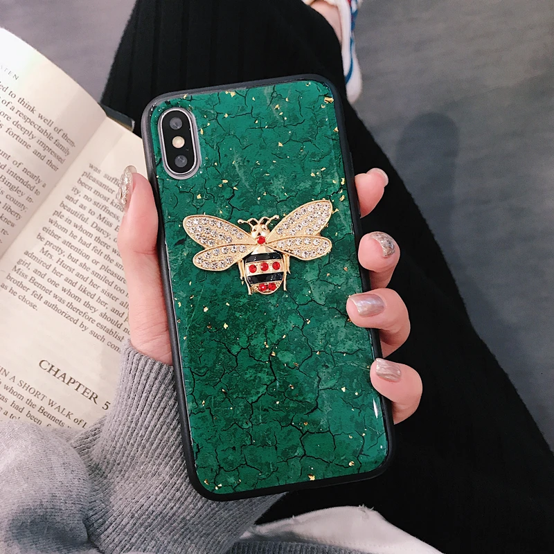Блестящий чехол для телефона с алмазной Пчелкой iPhone 11 Pro 7 8 6S Plus XR XS MAX X мраморный