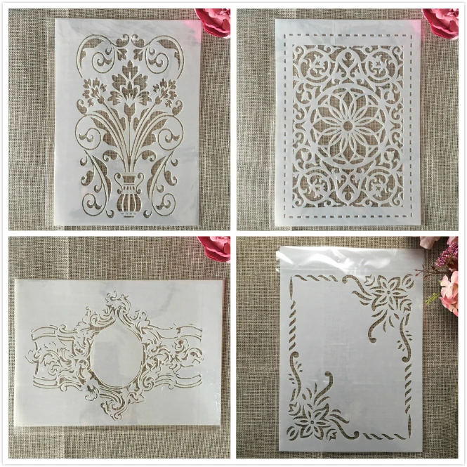 

4Pcs A4 29cm Vintage Floral Frame Edge DIY Layering Stencils Wall Painting Scrapbook Coloring Embossing Album Decor Template
