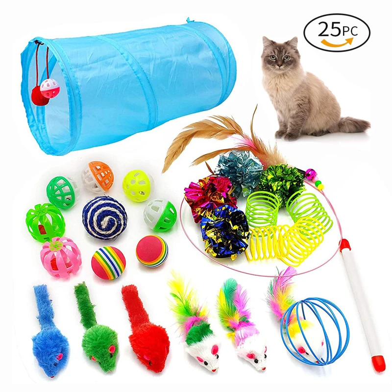 

25 Pcs Cat Toy Kit Collapsible Tunnel Indoor Kitten Interactive Teaser Wand Mice Ball Pet Fun Channel Crinkle Ball Cat Supplies