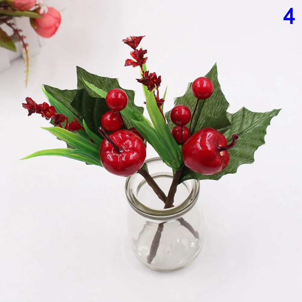 Искусственный цветок красный цвет зеленые ягоды ветка для свадьбы