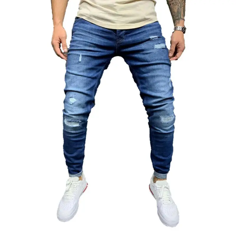 

Мужские повседневные обтягивающие джинсы, рваные Стрейчевые джинсовые брюки, потертые облегающие брюки