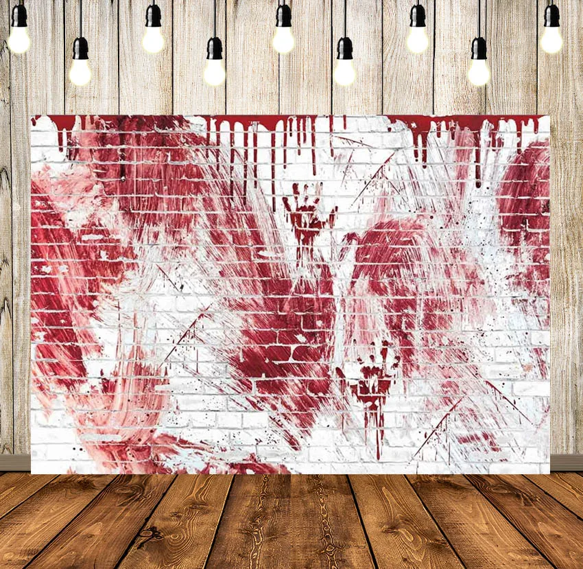 

Bloody White Brick Wall Backdrop Halloween Festival Flowing Blood Splatter Party Horrorible Blood Drip Handprint Scratch Decor