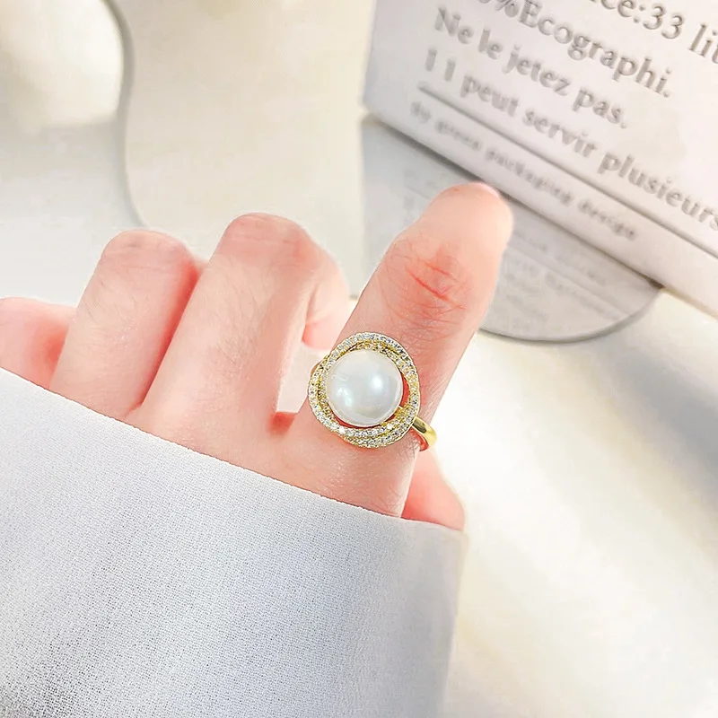 

2021 New Arrival 14K Real Gold Plated Elegant Pearl Adjustable Rings For Women Zircon Wedding Rings