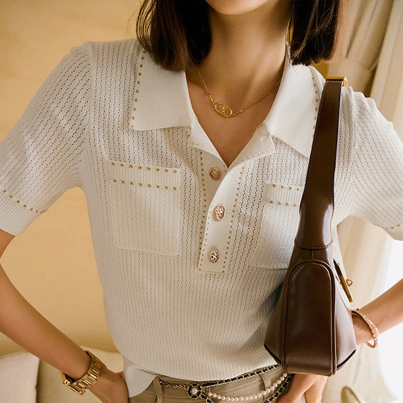 

TWOTWINSTYLE Knitting T Shirt For Female Lapel Collar Short Sleeve Loose High Waist Women's Casual T Shirt Fashion 2021 New