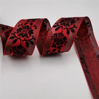 38mm flocking flower wine organza edges satin ribbon for diy handmade wedding gift wrap fabric making 25yards per lot