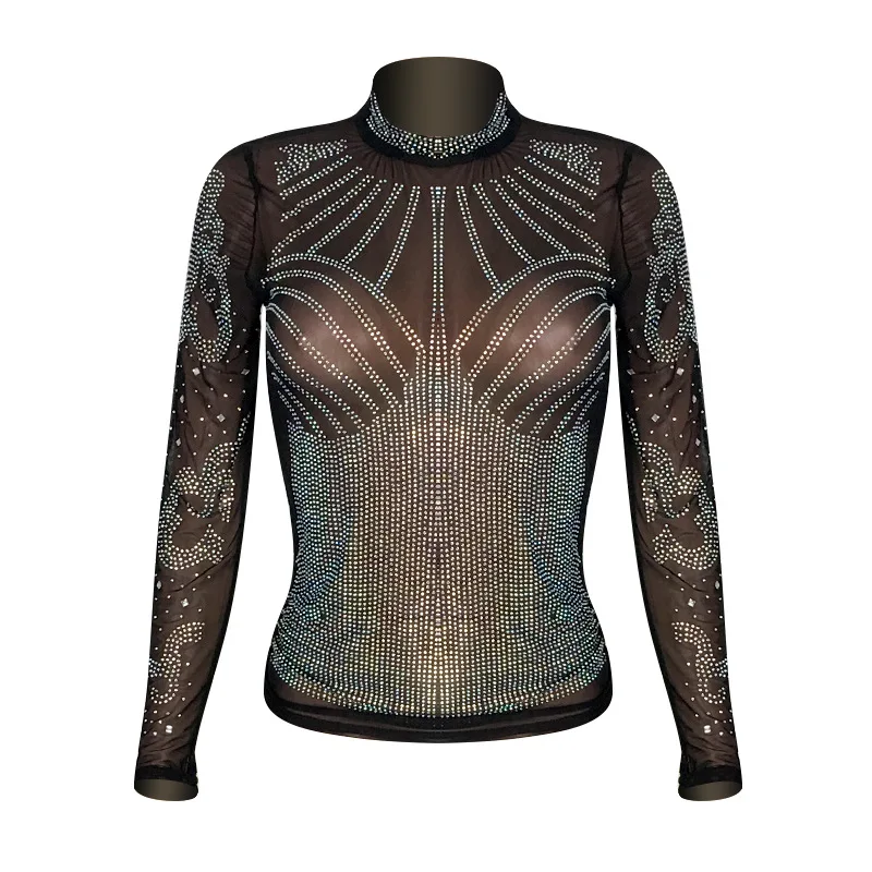 

Women Hot Stamping See Though Mesh Tops 2021 Newest Spring Turtleneck Nightclub Party Charming Lady Long Sleeves T-Shirt
