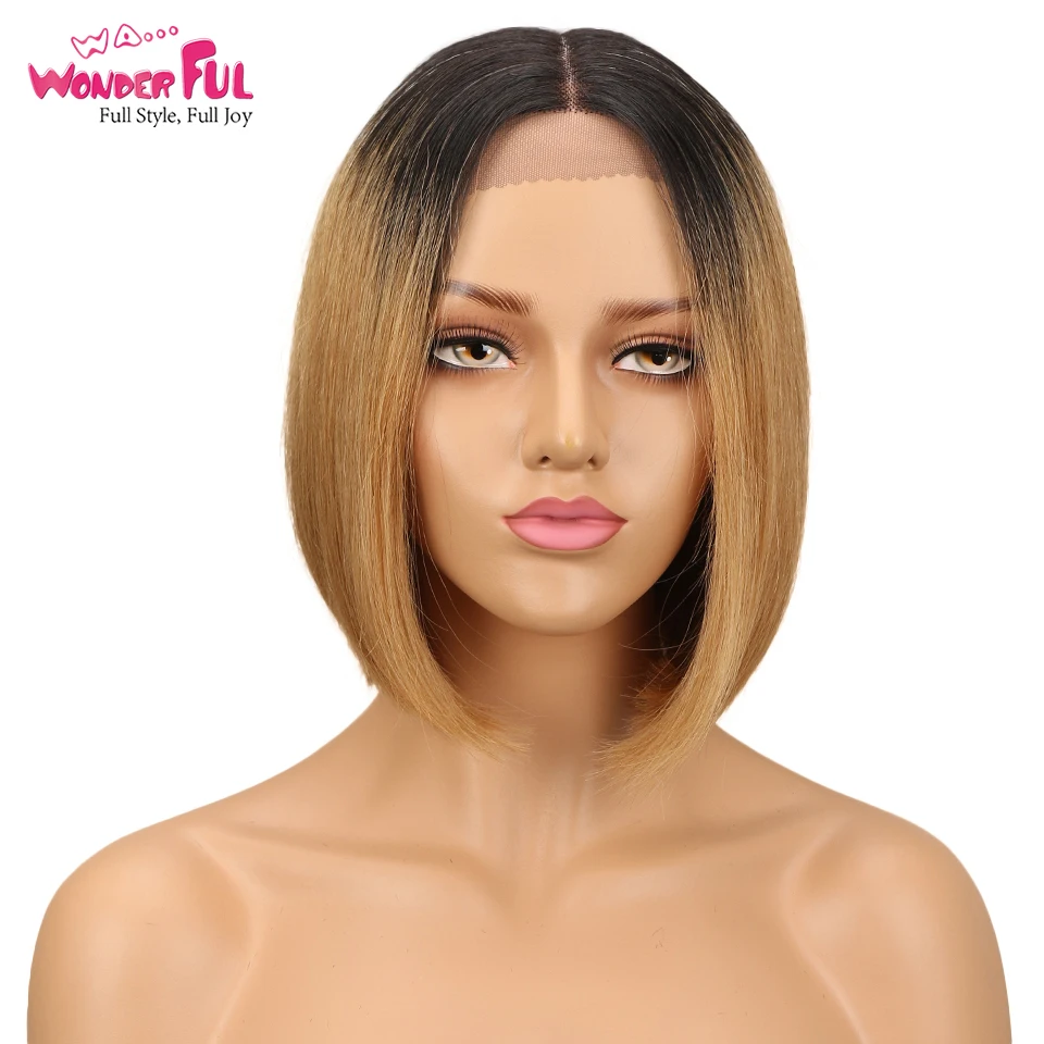 Чудесные короткие Боб часть кружево парики для чернокожих Для женщин перуанские
