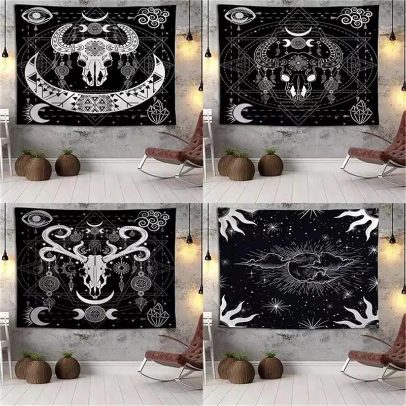 

goat skull indian bohemian tapiz hippie wall hanging moon tapestry black mandala wall boho tapices decoración