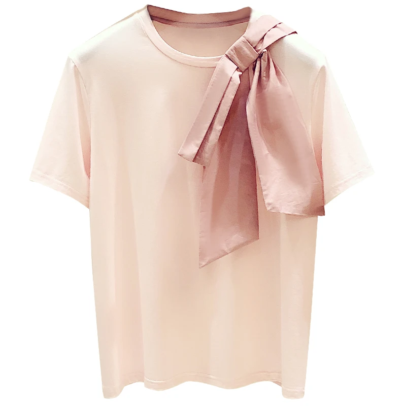

Pink T Shirt Women 2021 Summer New Korean Style Shoulder Bow Decorative Round Neck Short Sleeve T-shirts Ropa Mujer