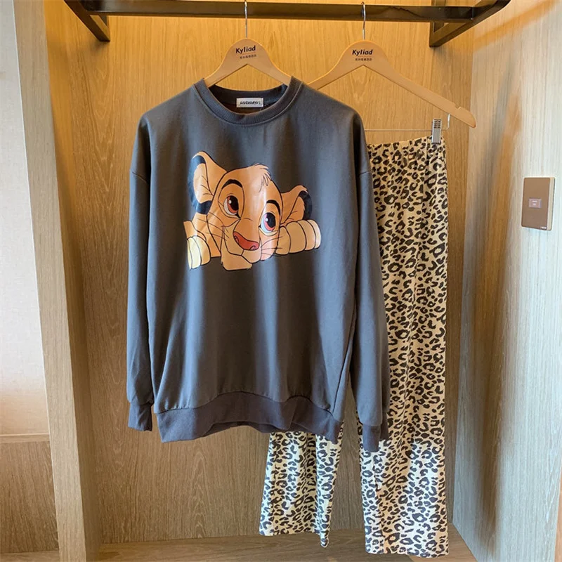 Disney The Lion King Printed Black White Pajamas Women Autumn and Spring Cute Simba Long Sleeve Leopard Pants Homewear 2 Pieces