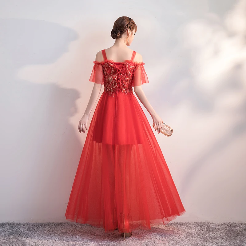 Vestido, элегантное платье подружки невесты, свадебное, вечернее, без рукавов, расшитое блестками, тюль, модное, Дамское, сексуальное, для выпускного вечера, женское платье, красное, для невесты