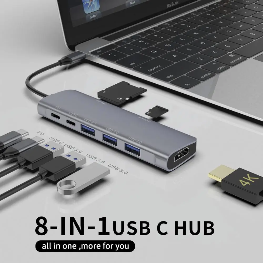 

2021 Newest Universal 8-in-1 Type-C Hub to 4K 3 USB 3.0 PD Micro-SD/TF Card Reader USB-C Docking Station Converter Dropshipping