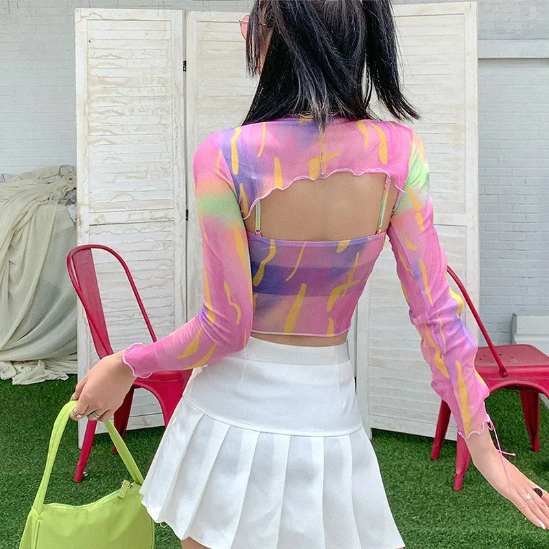 

Women Colorful Print 2 Pieces Mesh Sheer Tight Short Smock Hollow Out Long Sleeve T-Shirts Ruched Camisole Crop Y2k Crop Top