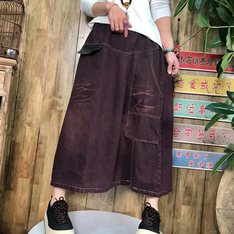 

Китайский Стиль весенняя женская обувь с отделкой из джинсовой ткани в стиле пэчворк юбка женские эластичные длинные юбки женские свободны...