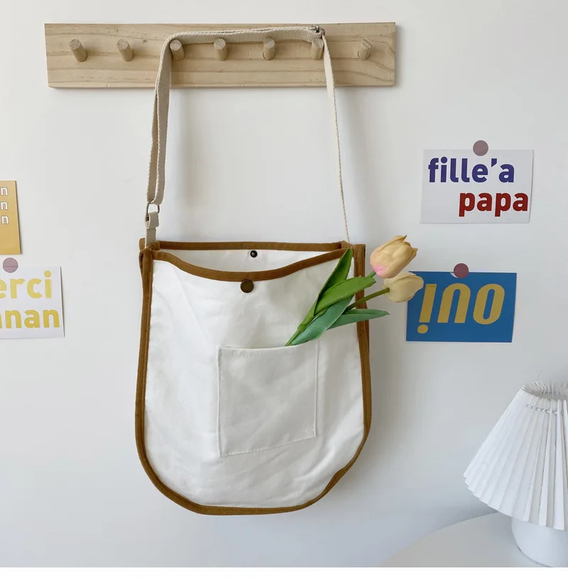 

Women White Canvas Bag with Brown Border Korean Ins Cotton Shopper Tote Bag Simple Joke Large Inclined Shoulder Bag For Girl