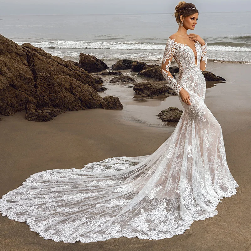 

Sexy Mermaid Wedding Dresses Lace Appliqued Custom Made Long Sleeves Bridal Gowns Sheer Jewel Neck Vestidos De Novia