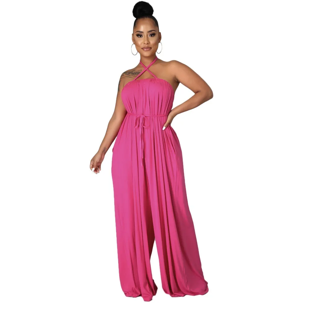 

Jumpsuit Women Summer 2021 Fashion Loose Solid Bandage Jumpsuit Black Blue Yellow One Piece Outfit Monos Mujer Casual Verano