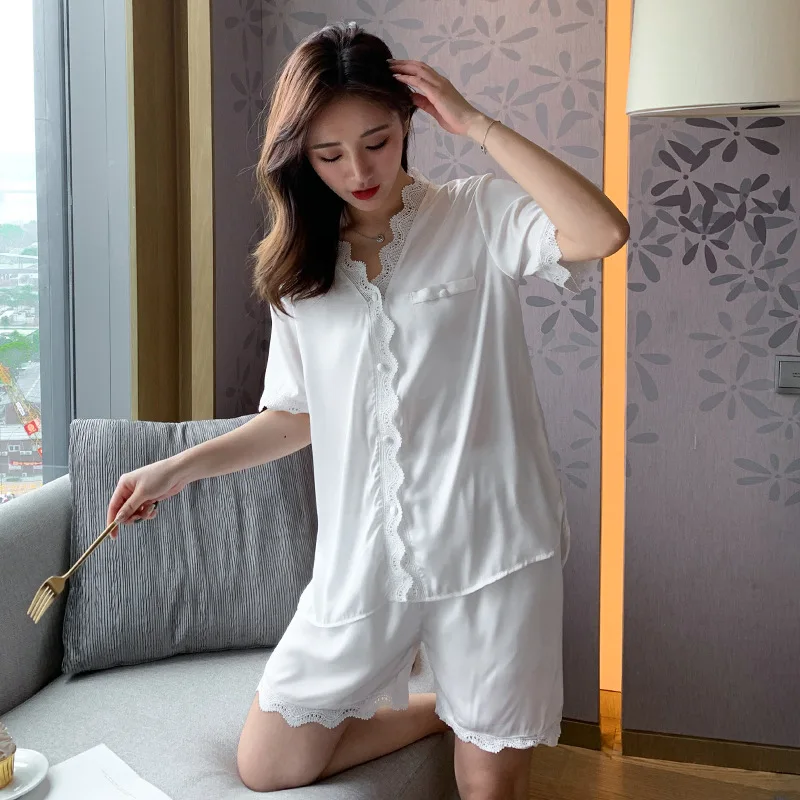 

Summer White Satin Pajamas Set 2 PCS Shirt&short Women Short Sleeve Sleepwear Pijamas Suit Casual Soft Summer Nightwear Homewear