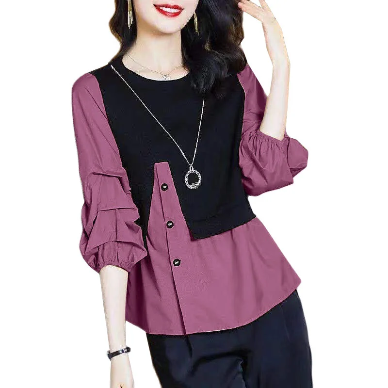 

2022 New Spring Summer Women Fake Two Shirts Splicing 3/4 Sleeve Elegant Female Pullover Slim Shirt Bottoming Shirt
