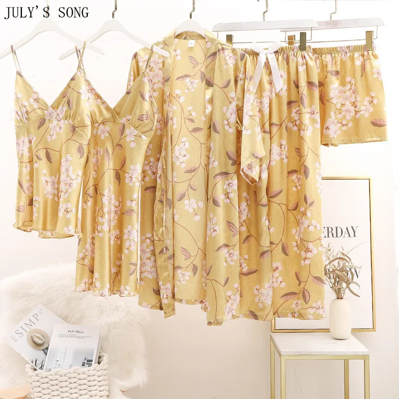 

JULY'S SONG Fashion 5PCS Faux Silk Women Pajamas Set Floral Printed Sleepwear Shorts Spring Summer Homewear Robe Nightdress