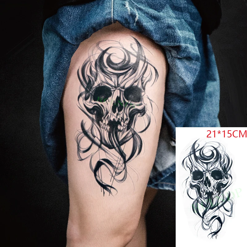 

Waterproof Temporary Tattoo Sticker Skull Smoke Big Size Black Flash Tatoo Fake Arm Back Leg Body Art Tatto for Men Women