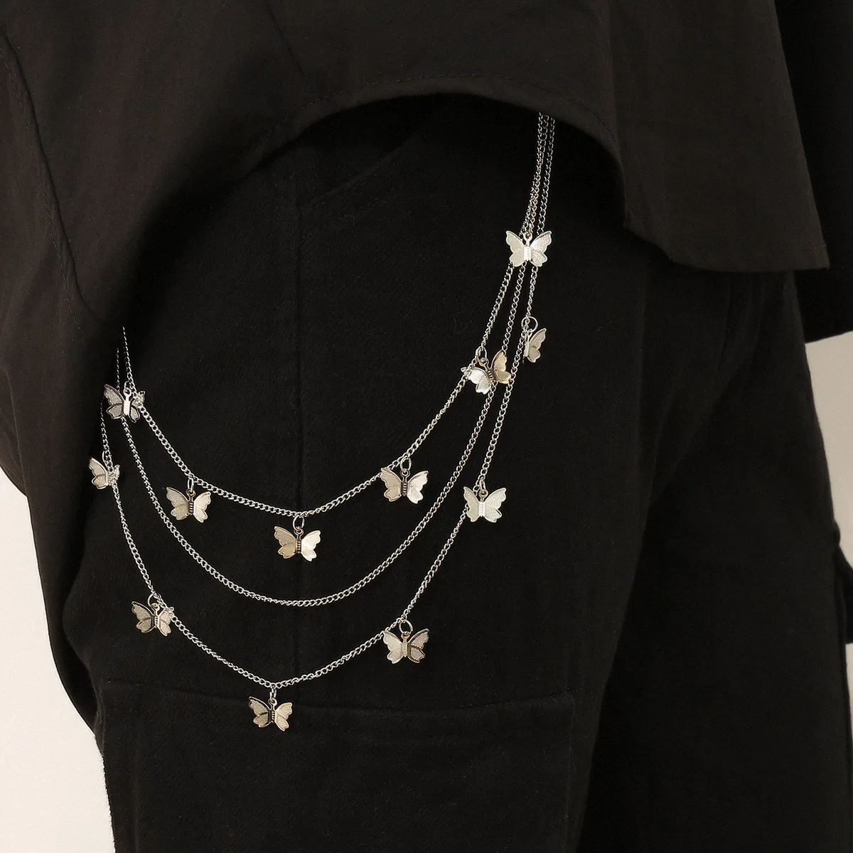 

3 Layer Hip Hop Hook Trousers Keychain Punk Gold Silver Metal Chain Butterfly Belt Waist Chain U-shaped Waist Chain For Women