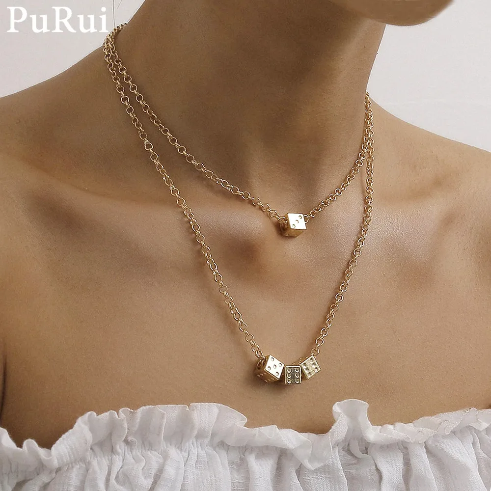 

Purui Chocker Pendant Necklace Cuban Link Chain Harajuku Layered Gold Color Long Collar Necklace Dice Pendant Gothic Jewelry