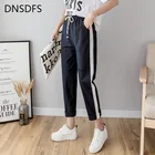 Русская модная леди Женский по щиколотку брюки хлопок льняные шаровары брюки эластичный пояс весенне-летние брюки повседневные Боковые Полосатые брюки-карандаш черные