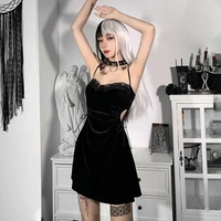 gothic black dress lace hollow out high waist slim mini dress patchwork spaghetti straps solid color sexy backless dress female