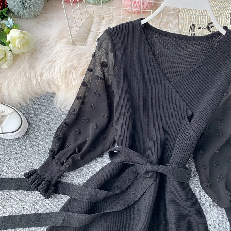 Neploe сезон: весна-лето белый V образным вырезом Вязаная Шерсть платье Зимний свитер с узором из шифона с рукавом Vestido тонкая талия трапециевидной формы вечерние платье 45789