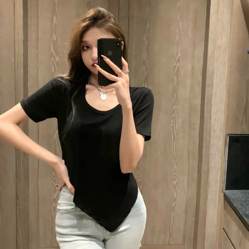 

Summer irregular Women T-shirt Short Sleeve Female Split fork Loose Sexy Tshirt Tops