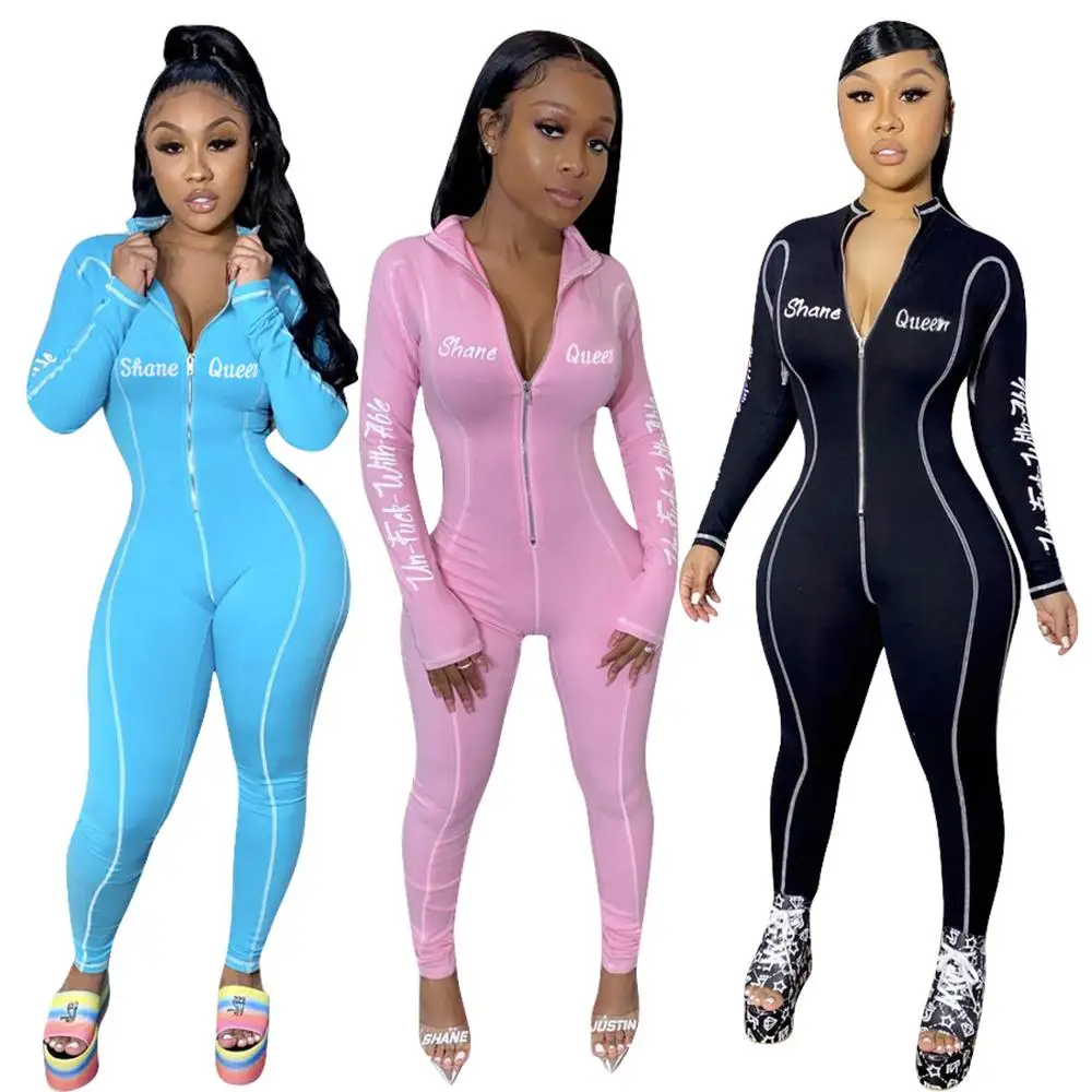 

Sexy Letter Printing Zipper Jumpsuit Women Autumn Fashion Skinny Jumpsuit Women