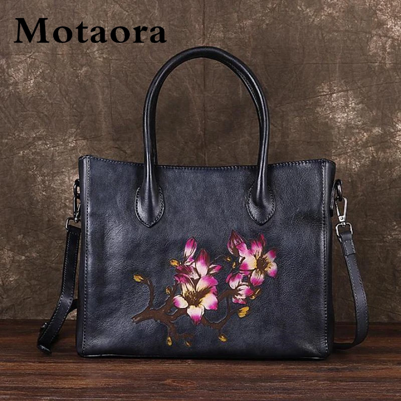 

MOTAORA Genuine Leather Women Top-handle Bag Hand Painted Retro Bag ladies Vintage Embossed Chinese-Style Shoulder Bags Female