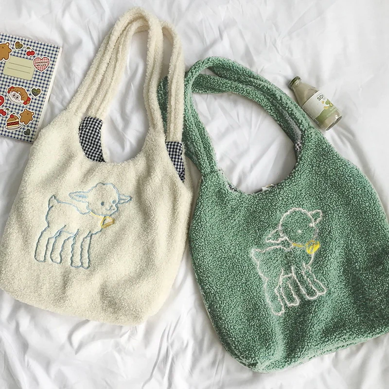 

Women's Lamb Fabric Shoulder Bag Female Plush Autumn and Winter Handbag Large Capacity Embroidery Shopper Bags Cute Bag For Girl
