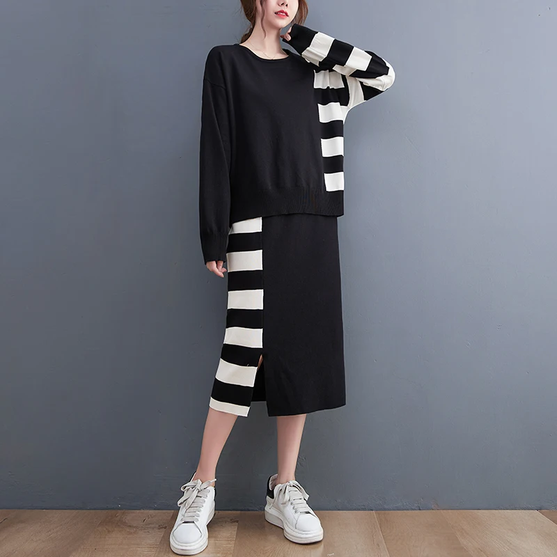 Осенне-зимний женский костюм с юбкой Модные трикотажные пуловеры круглым