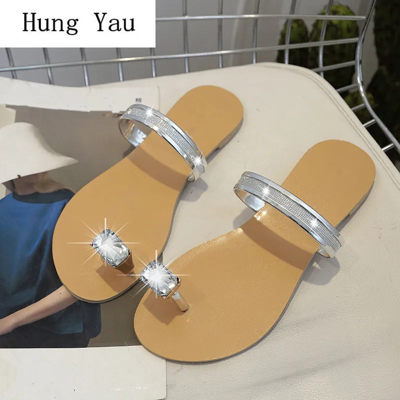 Сандалии женские на плоской подошве шлепанцы с кристаллами модная летняя обувь
