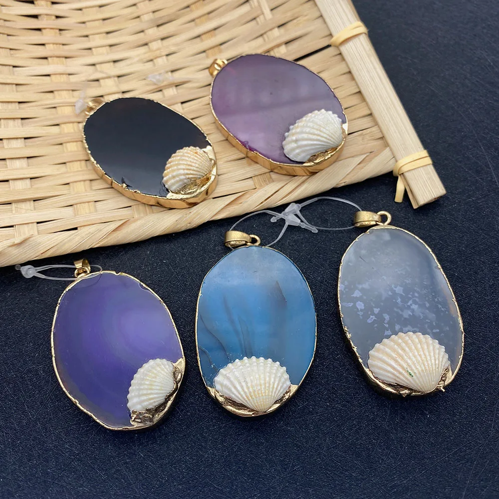 

Natural Stone Agate Oval Colorful Agate Shell Inlaid Necklace Pendant Electroplated Metal Edging Charm Jewelry Making Supplies