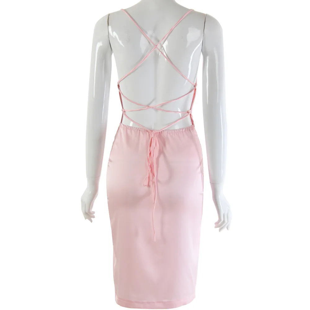 Летнее атласное сексуальное облегающее платье на шнуровке с открытой спиной